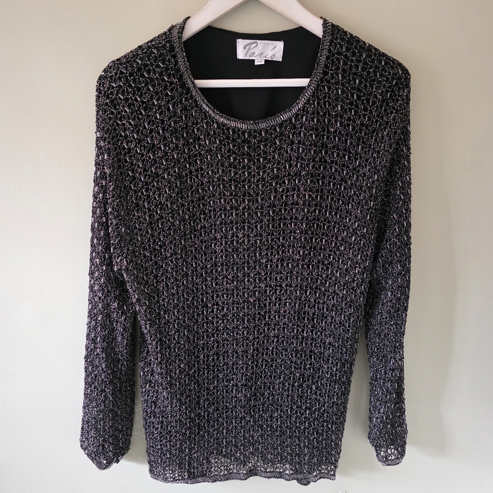 Style De Paris L Vintage 90s Old Money Disco Glam Metallic Beaded Mesh Knit Top